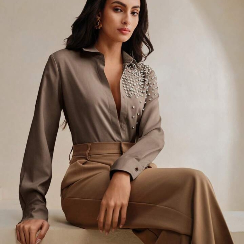 Elegant Pearl Embellished Blouse and Trousers Set